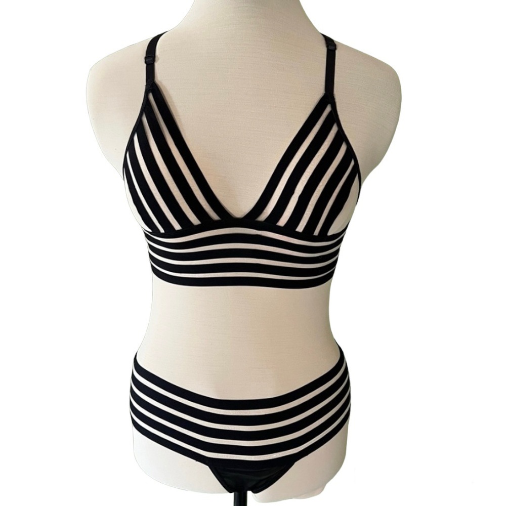 Escante sexy 2 piece bra g-string black & clear striped Stretch fit lingerie Sml